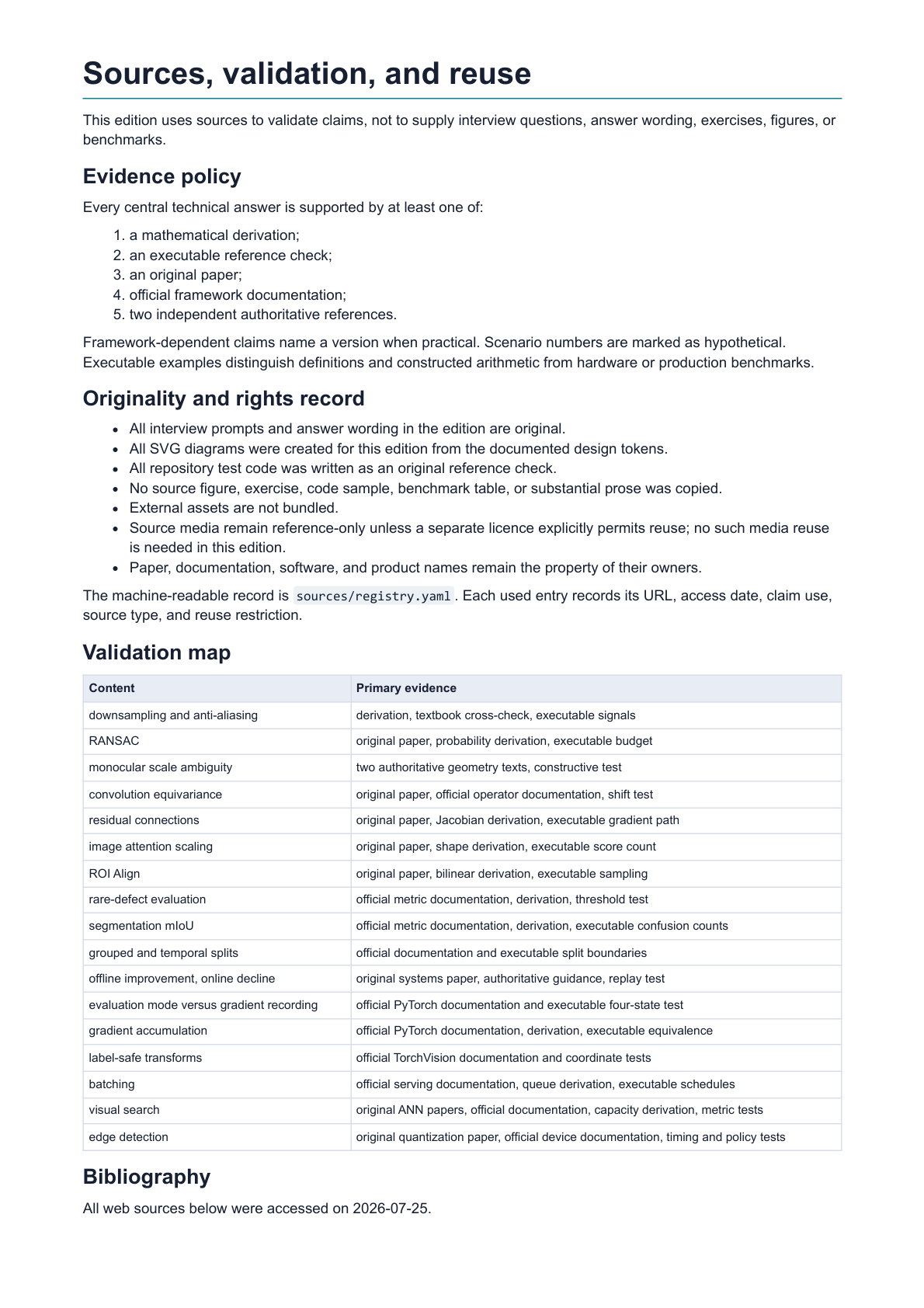 Rendered ebook page showing the evidence policy, originality record, and validation map.